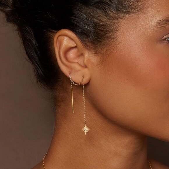 Gold Threader Earrings Women 14K Dangle Long Chain Drop Jewelry Gift - Picture 7 of 8